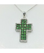 Pendant Cross Solid 18k (750) White Gold Full Diamonds Tsavorite Garnet ... - $2,004.75