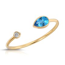 14K Solid Gold Ring With Natural Bezel Set Diamond &amp; Blue Topaz - £262.87 GBP