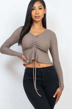 Taupe Ribbed Drawstring Front Long Sleeve Peplum Top - $11.00