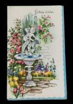 1950s Birthday Wishes Card Cherub Water Fountain Scalloped Vintage Unused - $4.88