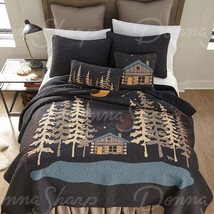 Donna Sharp Moonlit Cabin Quilt Queen 3-Pc Set Lodge Rustic Country Trees Blue - £192.57 GBP