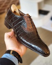 Handmade Men&#39;s Brown Crocodile Cowhide Leather Oxford Lace Up Formal Dress Shoes - £102.84 GBP+