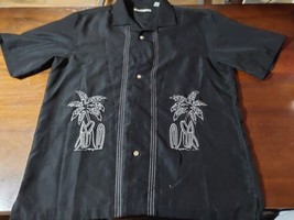 Batik Bay Mens Black Embroidered Button Down Hawaiian Shirt Medium Polyester - £18.52 GBP