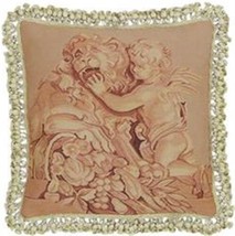 Aubusson Throw Pillow Square 20x20, Pink,Beige Cupid Lion Handwoven Fabric - $309.00