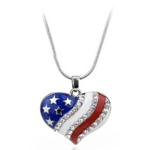 American Flag Heart Patriotic Independence Day Necklace Blue/Red Crystal NWT - £7.75 GBP