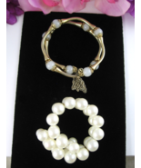 2 Vintage WRAP BRACELETS Glass Milky Beads Tassels Goldtone &amp; Faux Pearl... - £13.67 GBP