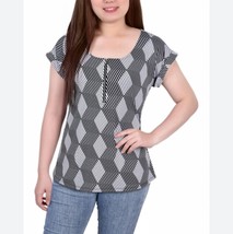 NY Collection Women&#39;s Black/White Geometric Short Extended Sleeve Zip Bl... - $22.43