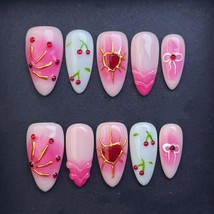 Cherry Heart Pink Press On Nails Sweet Girly Art Broken Heart Design Cut... - $526.03 MXN