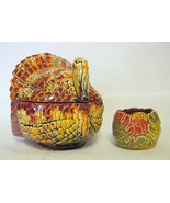 Turkey Covered Candy Dish and Leaf Candle Holder Set Thanksgiving - £19.65 GBP
