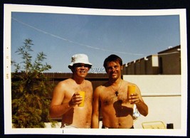 1971 Photo Snapshot Two Shirtless Young Guys Enjoying Beverage &amp; Sun - £1.97 GBP