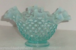 Fenton Aqua Blue Ruffled Dish Opalescent Hobnail Candy Nut 4&quot; Tall Vintage - £38.61 GBP