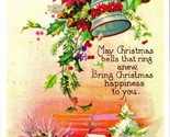 Christmas Wishes Poem Bells Pointsettia Winter Scene 1985 Chrome Postcard - $3.91