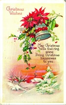Christmas Wishes Poem Bells Pointsettia Winter Scene 1985 Chrome Postcard - £3.11 GBP