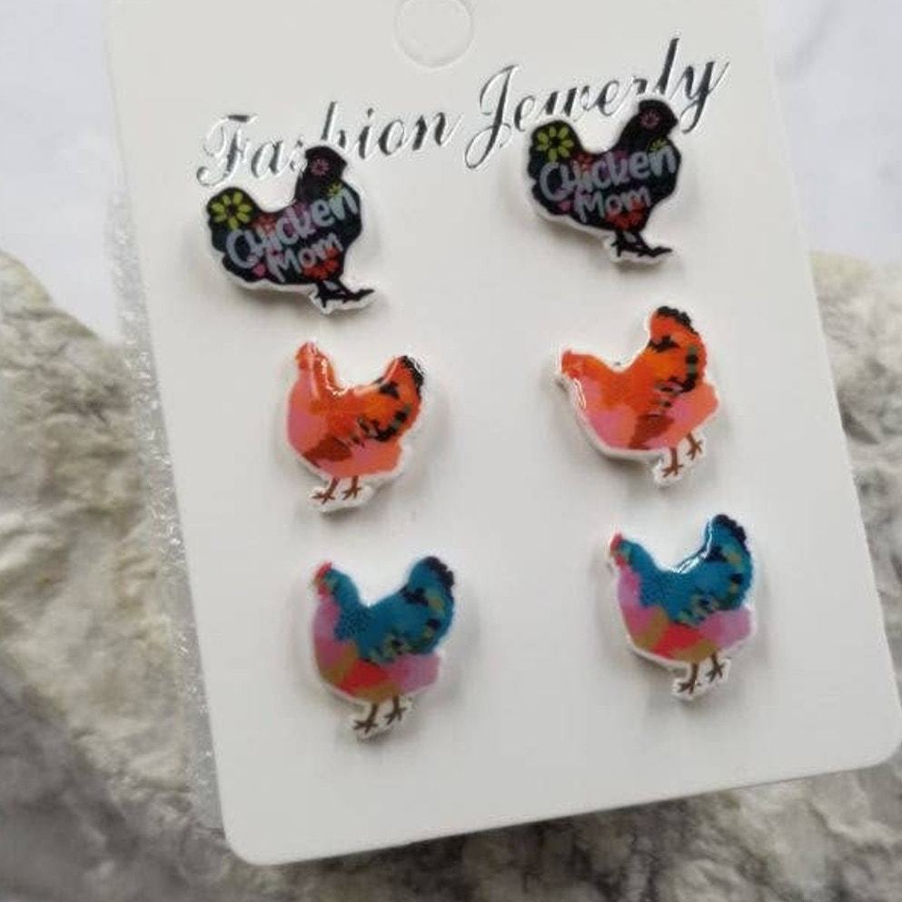 Chicken Stud Earrings Set Of 3