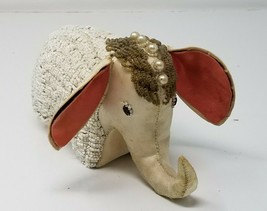 Figurine Elephant Fabric Beaded Large Ears Long Trunk Vintage Handmade  - $15.15