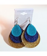 Triple Teardrop Earrings Aqua Blue Gold Glitter Sterling Silver - $23.28 CAD