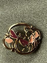 Small Purple Enamel Dragonfly &amp; Pink Flower Goldtone Lapel or Hat Pin or Tie Tac - £7.58 GBP