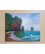 Acrylic paint painting on canvas, nature landscape, waves, sea, mountain - £199.58 GBP