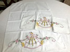 Pillowcases Hand Embroidery Vintage Pair Pink &amp; Yellow,Girl &amp; Flowers 27.5 x 20 - £9.72 GBP