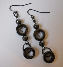 Charcoal Grey Hematite Circle Earrings Beaded Gun Metal Handmade Pierced Hoop - £25.50 GBP