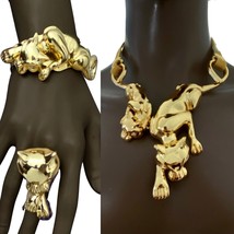 Bright Gold Tone Exuberant Panther Statement Necklace Ring Bracelet Earrings Set - $66.45