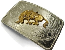 Nickel Silver Vtg Belt Buckle Breaking Bucking Saddled Horse Colt Scroll Designs - £53.41 GBP
