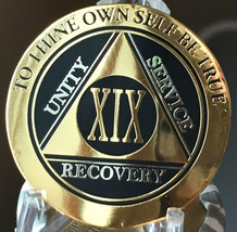 19 Year AA Medallion Black Gold Plated Bi-Plate Alcoholics Anonymous Chip Coin - £15.41 GBP