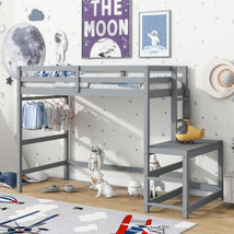 Twin High Loft Bed with Ladder landing Platform, Ladders, Guardrails,Grey - £233.59 GBP