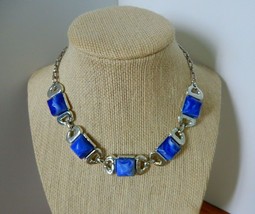 Vintage silver tone blue marbled thermoset princes length necklace - £15.98 GBP