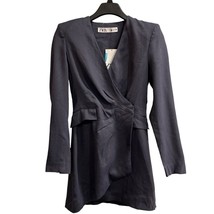 Zara Blazer Womens XS Blue Linen Blend Long Structured Asymmetrical Acad... - $37.08