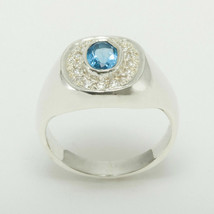 925 Sterling Silver Natural Blue Topaz &amp; Diamond Mens Signet Ring - Sizes N to Z - £179.49 GBP