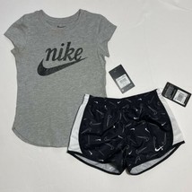 Nike Girls Tee Shirt &amp; Dri-Fit Swooshfetti Tempo Shorts Set Outfit Grey Black 6X - £20.44 GBP