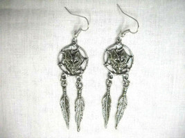 Wolf Head Dream Catcher With 2 Feathers Usa Pewter Custom Dangling Pair Earrings - £16.02 GBP