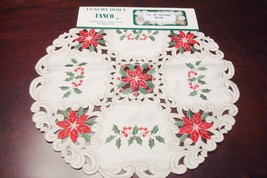 Christmas doily, off white, round 14&quot;, poinsettias square design [d10] - $19.80