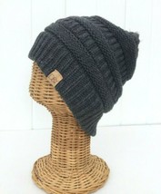 Men Women&#39;S Charcoal Gray Knit Winter Beanie Hat Soft Stretch Baggy Cap ... - £14.29 GBP