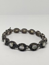 Vintage Sterling Silver 925 FAS Mother Of Pearl Marcasite Tennis Bracelet 7.5&quot; - £47.44 GBP