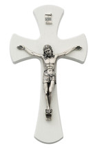 White Wall Cross with Satin Silver Plated Crucifix and INRI, 7 inches - $37.95