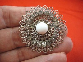 br-289) round filigree + white rhinestone glass pearl silver scrolled brooch pin - £15.68 GBP