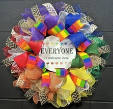 Handmade Rainbow Wreath “Everyone Is Welcome” Pride Equality  22 Inch De... - £59.86 GBP