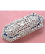 ANTIQUE ART DECO .93 ctw DIAMOND SAPPHIRE PLATINUM 2+&quot; STATEMENT PIN BRO... - $2,919.51