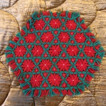 VTG Handmade Christmas Yarn Placemat Doily Crochet Poinsettia Flowers Red Green - £12.29 GBP