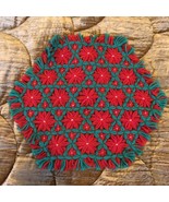VTG Handmade Christmas Yarn Placemat Doily Crochet Poinsettia Flowers Re... - £13.00 GBP