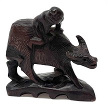 Chinese Hand Carved Wood Child on Water Buffalo Figurine Mid-Century 3x2.5&quot; - £9.46 GBP