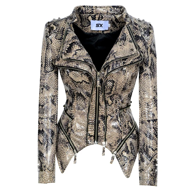 Studded riveted slim waist faux Leather retro biker jacket woman&#39;s snake... - $79.99
