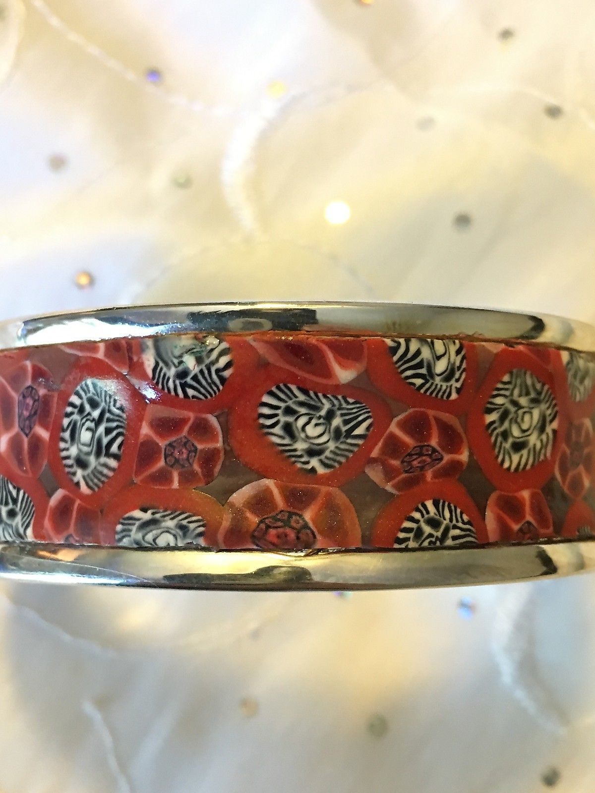 Primary image for Vintage Artisan Sterling Silver Multicolor Polymer Clay Cuff Bangle Bracelet 42g