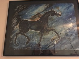 Vintage 80’s Original Watercolor Painting Black Horse Midnight Blue Molly Adams - £478.54 GBP