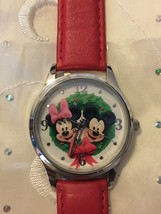  Disney Mickey Minney Mouse Christmas Holiday Watch Red Band Stainless Case - £15.88 GBP