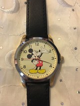 Disney Mickey Mouse Watch 2 Tone Silver &amp; Gold Case Black Leather Band MCK837 - £17.87 GBP