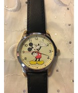 DISNEY MICKEY MOUSE WATCH 2 TONE SILVER &amp; GOLD CASE BLACK LEATHER BAND M... - £17.91 GBP