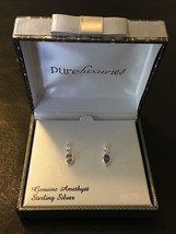 .925 STERLING SILVER GENUINE AMETHYST OVAL DROP EARRINGS CZ ACCENTS BEAUTIFUL! - £34.15 GBP